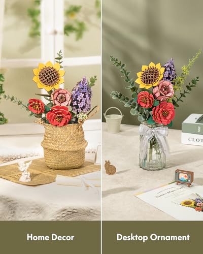 Rowood Artifical Flowers,Wooden Flower Bouquet Building Sets for Adults,Botanical Collection,Mothers Day/Valentine's Day/Christmas/Birthday Gift for Women/Mom/Her,DIY Craft Kit Unique Home Decor-TW01H