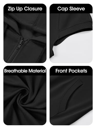 Fisoew Women's Sleeveless Zip Up Hoodies Casual Loose Fit Drawstring Sweatshirts Lightweight Jackets Vest with Pockets Black