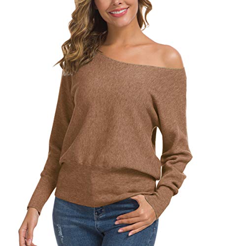 Feiersi Women's Off Shoulder Sweater Long Sleeve Loose Pullover Knit Jumper (Rose Red,Large)