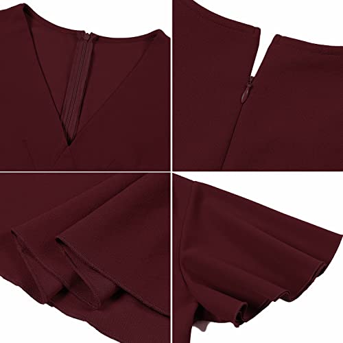CARROTMOB Women's Formal Dresses V Neck Short Sleeve Ruffle Long Dresses for Women Wedding Guest Burgundy X Large