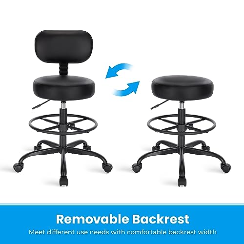 SUPERJARE Drafting Chair with Back, Adjustable Foot Rest Rolling Stool, Multi-Purpose Office Desk Chair, Thick Seat Cushion for Home Bar Kitchen Shop - All Black