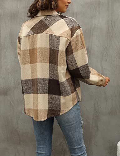 Tanming Womens Flannel Plaid Shacket Wool Blend Button Down Shirt Fall Fashion Jacket (01 Brown, S)