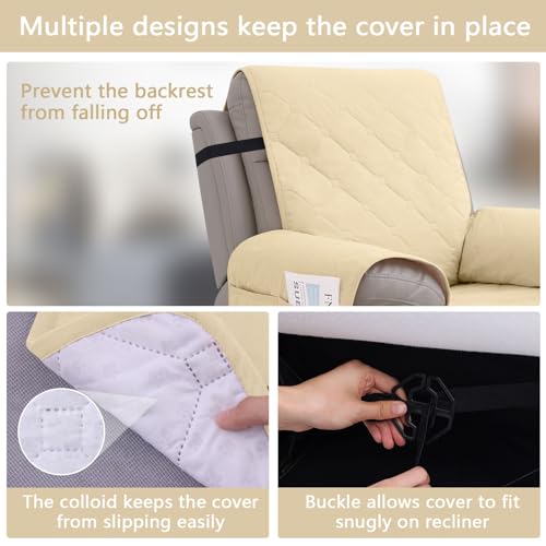 hyha 100% Waterproof Recliner Chair Covers, Non Slip Recliner Cover, Recliner Covers That Stay in Place, Reclining Slipcovers with Pocket, Furniture Protector for Pets, Dog (23.6", Beige)