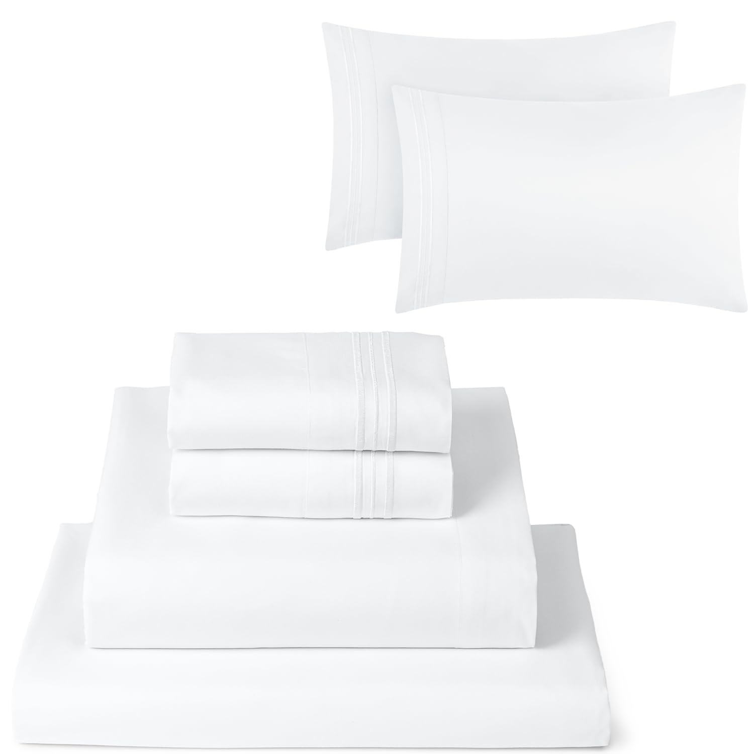 Mellanni 4PC Bed Sheet Set + 2 Pillowcases Bundle&Save - Iconic Collection Bedding - Bundle Includes: 1 Flat Sheets, 1 Fitted Sheet and 4 Pillow Cases (King, White)
