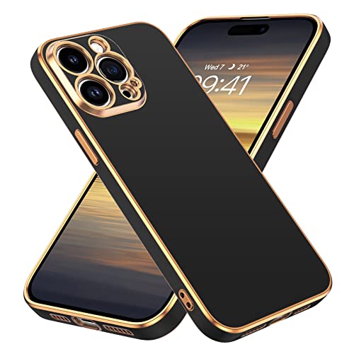 BENTOBEN Compatible with iPhone 14 Pro Max Case, Slim Luxury Electroplated Bumper Women Men Girl Protective Soft Case Cover with Strap for iPhone 14 Pro Max 6.7 inch,Black/Gold