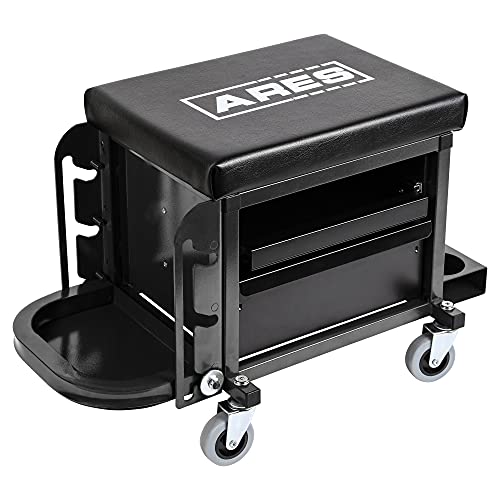 ARES 62029 – Heavy Duty Rolling Shop Stool - Square Mechanic's Black Shop Seat - Multi-Function with Padded Seat Cushion, Tool Storage Drawer and Tray – Rugged Steel Construction Holds Up to 350 LB