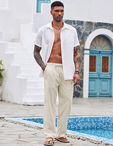 COOFANDY Mens Linen Loose Pant Lightweight Elastic Waist Trouser Yoga Beach Pant A- Sky Blue