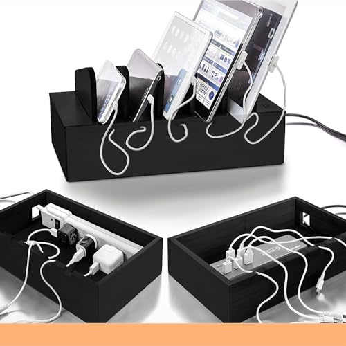 Prosumer's Choice Natural Bamboo Device Charging Station for Multiple Devices | Desk Dock Organizer for Cell Phone, Tablet, Apple iPhone, iPad | with Removable Dividers - Black
