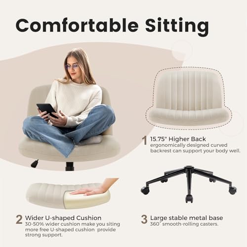 IWMH Armless Wide Seat Office Chair, Criss Cross Legged Desk Chair with Wheels, Height Adjustable Computer Task Chair,Wide Seat Swivel Vanity Chair for Home,Office,Bedroom, Make Up, Small Space,Beige