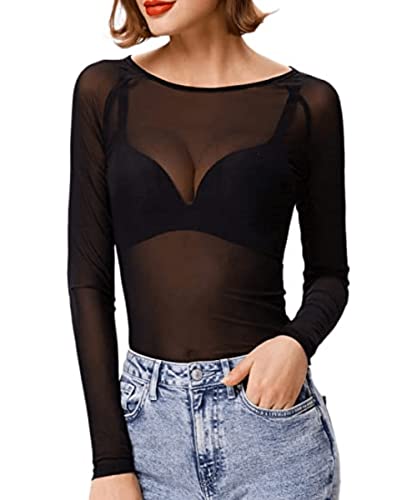 Womens Sheer Mesh Tops Shirts, Long Sleeve Mock Neck See-Through Slim Ladies Blouse T-Shirt Clubwear