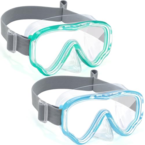 Vvinca Swim-Goggles with Nose Cover, 2 Packs Elastic Fabric Strap Snorkel Diving Mask Anti Fog UV No Pull Hair for Kids 3-14, 06-Black-Green/Black-Blue
