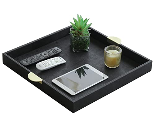 HofferRuffer Faux Leather Decorative Serving Tray, Elegant Coffee Table Tray, Ottoman Tray, Breakfast, Drinks, Liquor Serving Platter, Black Shagreen Finish with Gold Hardware Handle (Square)