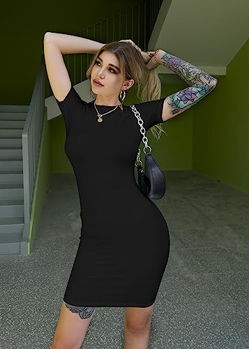 GOBLES Women's Short Sleeve Casual Bodycon Midi Elegant Cocktail Party Dress Black
