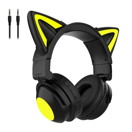 YIK TUNG Cute Cat Ear Bluetooth Headphones with Built-in Mic, Over Ear Wired Headphones with LED Lights, Foldable Wireless Headset with Cat Ear for Traveling, Gift for Boys Girls Teens Adult (Black)