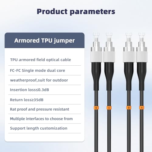 Jeirdus 250M FC to FC Outdoor Armored Duplex 9/125 SM Fiber Optic Cable Jumper Optical Patch Cord 250Meters 820ft Singlemode