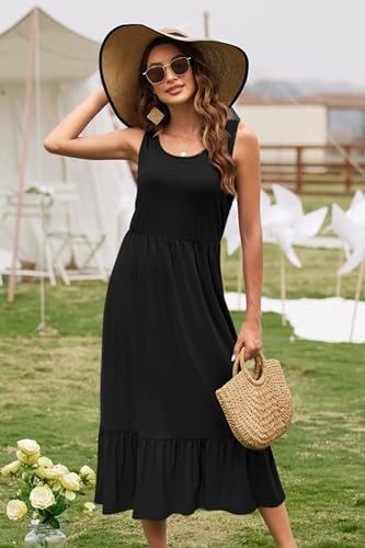 STYLEWORD Women's Casual Summer Tank Dress Crewneck Empire Waist Tiered Midi Dresses with Pockets(Blue,L)