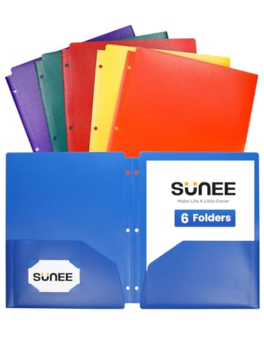 SUNEE 3 Hole Folders with Pockets (6 Pack, Assorted Color) Plastic Folders for 3 Ring Binder, Heavy Duty Binder Folder for Document for School, Students, Teachers, Office Staf