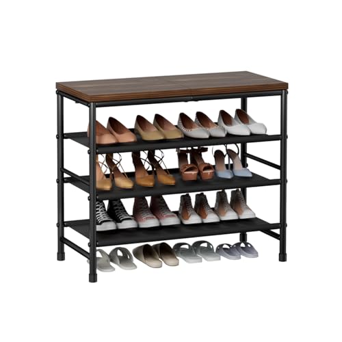 Mavivegue 4-Tier Metal Shoe Rack, Shoe Storage Organizer with Non-Woven Fabrics Shelves and Wooden Top Board, Entryway Shoe Stand for Closet Bedroom Living Room Garage, Black & Rustic Brown