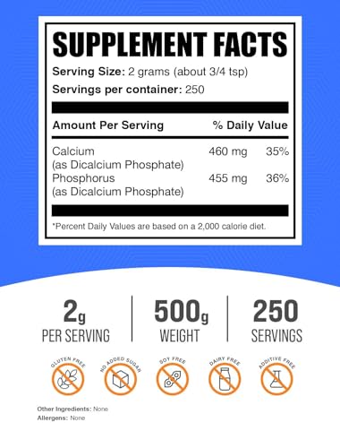 BulkSupplements.com Dicalcium Phosphate Powder - Calcium Supplement, Dicalcium Phosphate as Leavening Agent - Unflavored & Gluten Free, 2000mg per Serving, 500g (1.1 lbs) (Pack of 1)
