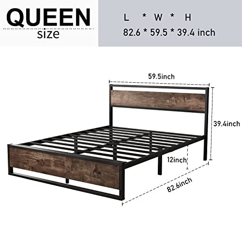 Keureedg Bed Frame with Wooden Headboard, Heavy Duty Metal Platform Bed Frame, Sturdy Metal Slats Support, Non-Slip Without Noise, No Box Spring Needed, Queen/King(Queen)