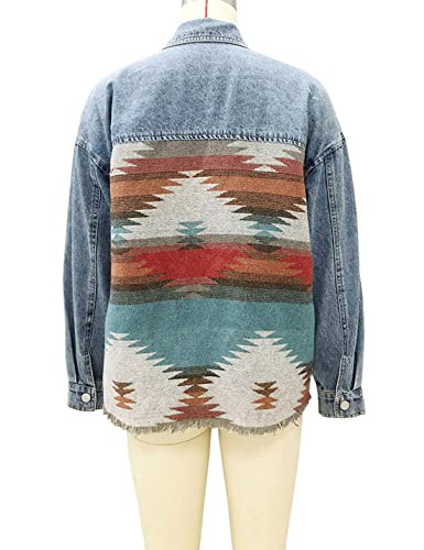 happlan Aztec Shacket Jacket for Women Wool Blend Lapel Button Down Print Shirt Coat (0332-Blue-M)
