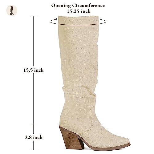 Putu Women's Pointed Toe Knee High Boots Faux Suede Stacked Chunky Heel Boots Side Zipper Slouchy High Boots Beige 5.5