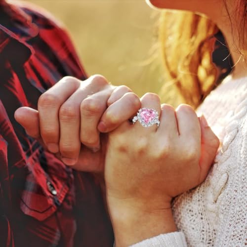 RUKYU 925 Sterling Silver Pink Ring - 9.22 CT Pink Heart Diamond Engagement Ring - Premium 18K White Gold Plated -Elegant Pink Rings for Women on Anniversary, Wedding(Size 6)