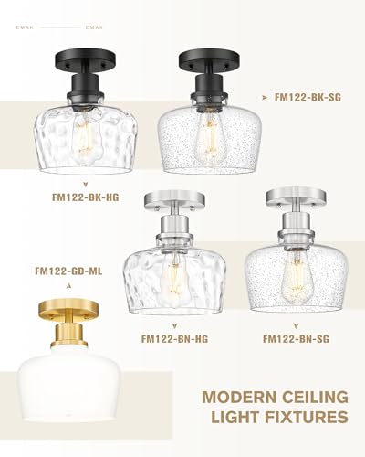 Emak Modern 8 Inch Ceiling Light Fixtures, Brushed Nickel Semi Flush Mount Ceiling Light with Seeded Glass Shade, Flush Mount Light Fixture for Bathroom, Bedroom, Kitchen, Hallway, FM122-BN-SG