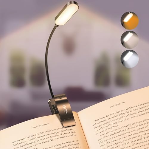 Gritin 16 LED Rechargeable Book Light for Reading in Bed-Eye Caring 3 Color Temperatures, Stepless Dimming Brightness,80Hrs Runtime,Lightweight Flexible Clip On Book Light for Book Lovers-White
