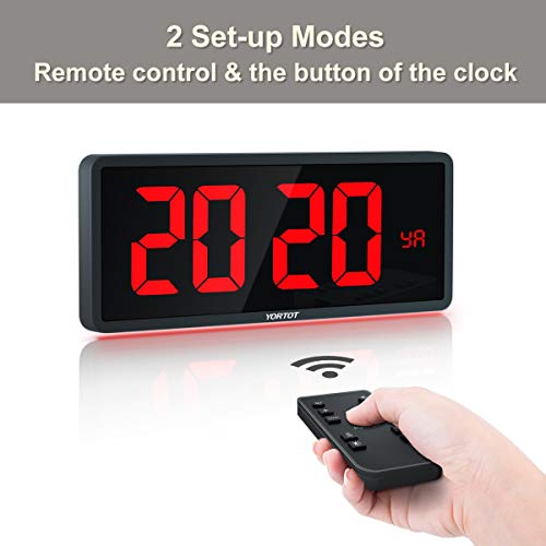 YORTOT 16β Large Digital Wall Clock with Remote Control - Adjustable Dimmer, 7 Color Night Lights, Big LED Clock with Indoor Temperature, Date, Auto DST, 12/24Hour, Wall Mount/Foldable Stand