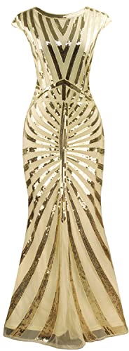 Women 1920S Gatsby Sequin Mermaid Formal Evening Dress with 20s Accessories Costume (M, Style 4 Black Gold)