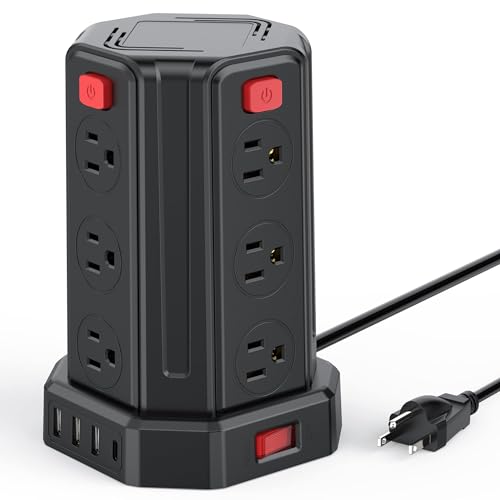 Power Strip Surge Protector, 10 Ft Extension Cord with 12 AC Multiple Outlets 4 USB (1 USB C), SMALLRT Power Tower Desktop Charging Station, Home Dorm Room Office Essentials, Desk Accessories Black