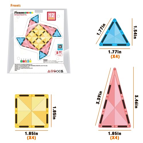 PicassoTiles Magnet Tile Building Blocks Mini Diamond Series Magnetized Toy Travel Size Compact Portable Magnetic Construction Block STEM Sensory Toy Early Education Learning Kids Ages 3+ PTM12