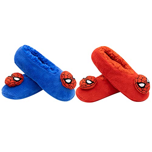 Marvel Spider-Man Fuzzy House Slippers and Socks for Kids, Grippers, 2-Pack Red and Blue Kids Socks