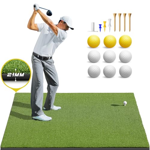 Bltend Golf Mat, Golf Hitting Mats Practice Outdoor Indoor, 5x3ft Golf Artificial Turf Practice Mat with Rubber Tees, 9 Golf Balls, 8 Golf Tees, Personal Driving Range Mat