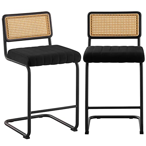 Counter Height Bar Stools Set of 2, 26" Rattan Counter Stool Velvet Upholstered Barstool with Cane Back & Metal Frame, Mid Century Modern Bar Chair Armless Kitchen Stool for Counter Island (Black)