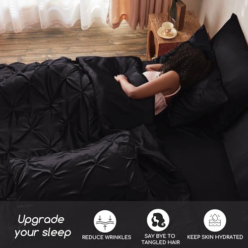 MR&HM Satin Comforter Full 7 Pieces - Luxurious Pinch Pleat Bedding Set with Comforter, Flat Sheet, Fitted Sheet, Pillowcases & Shams, Super Silky Soft Bed Set for All Season (Full, Navy Blue)
