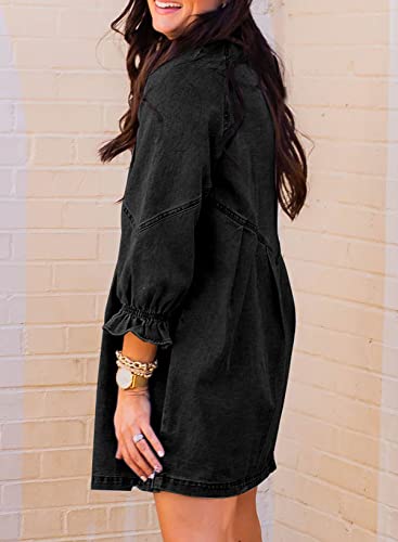 Sidefeel Womens Smocked 3 4 Sleeve Button Down Denim Jeans Dresses Small Black
