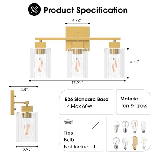 Espird Black Bathroom Vanity Light - 3 Light Bathroom Light Fixture Square Design & UL Certification, Bathroom Lighting Fixtures Over Mirror, Modern Matte Black Vanity Light for Bathroom & Restroom