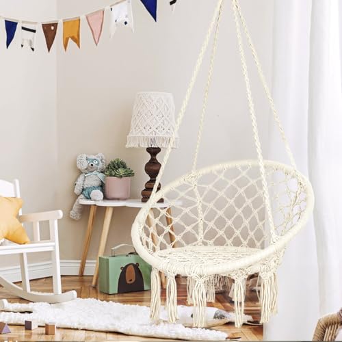 Mertonzo Hammock Swing Chair for 2-12 Years Old Kids,Handmade Knitted Macrame Hanging Swing Chair for Indoor,Bedroom,Yard,Garden- 230 Pound Capacity Off-White- 25.59" L x 18.11" W x 34.25" H