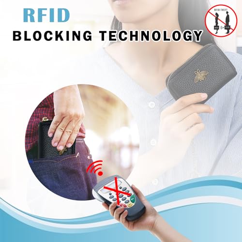 imeetu RFID Credit Card Holder, Small Leather Zipper Card Case Wallet with Keychain and ID Window for Women (Pro,Taupe Grey)