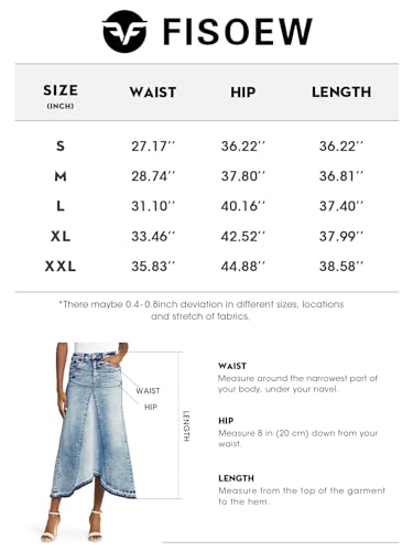 Fisoew Womens Denim Maxi Skirt Casual High Waist A-Line Frayed Irregular Hem Long Jean Skirt