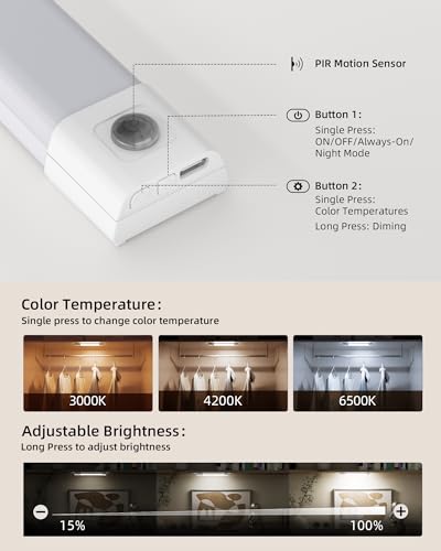 EZVALO Closet Lights, 30 LED Rechargeable Under Cabinet Lighting Wireless, 3 Color Temps Under Cabinet Lights, Dimmer Motion Sensor Light Indoor for Pantry, Kitchen, Bedroom, Woadrobe (3 Pcs)