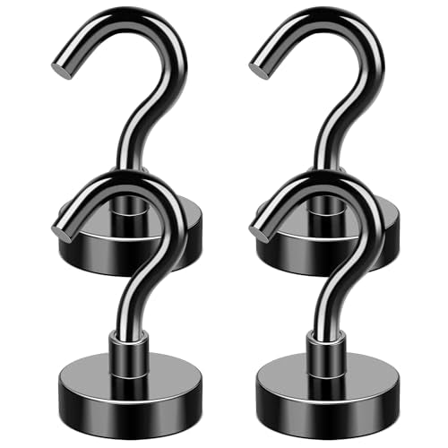 MIKEDE Magnetic Hooks, 25Lbs+ Black Heavy Duty Earth Magnets with Hook for Refrigerator, Strong Neodymium Magnetic Cruise Hooks for Hanging, Curtain, Grill and Kitchen - Pack of 4