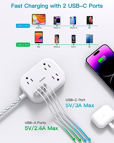 Cruise Ship Essentials, Travel Power Strip with USB C, Flat Plug Extension Cord with 3 Outlets 4 USB Ports(2 USB C), 5 ft Desk Wall Outlet Extender, Non Surge Protector for Cruise, Dorm Room, ETL(BK)