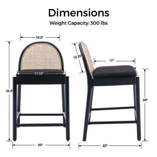 HEAH-YO Rattan Counter Stools Set of 2, 26 Inches Counter Height Bar Stools with Backrests and Wood Legs, Upholstered Sherpa Rattan Kitchen Stool for Island, Black