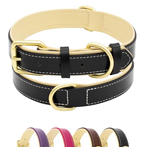 HSIGIO Leather Dog Collar for Small Medium and Large Dogs, Soft Padded Dog Leather Collar with Gold Buckle, Adjustable Genuine Leather Collars for Small Dogs(Black, S)
