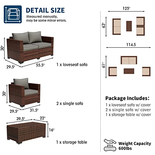 UDPATIO Patio Furniture Set with 44" Fire Pit Table, 7 Pieces Outdoor Furniture Sets, Wicker Rattan Patio Conversation Sets with Ottoman and Waterproof Covers for Porch Deck Backyard, Khaki
