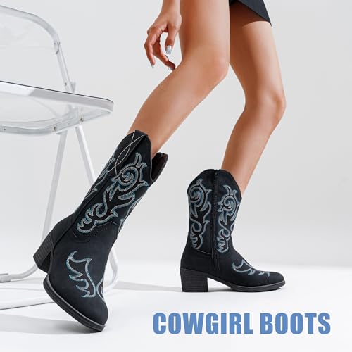 Vepose Women’s Black Cowboy Mid Calf Boots, Cowgirl Western Embroidered Chunky Low Heel 9800 Boots with Zipper, Size 6M US, (CJY9800 Black 06)