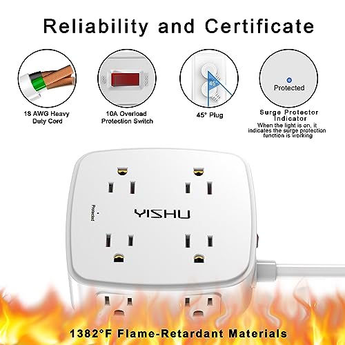 6 Ft Surge Protector Power Strip - 8 Widely Outlets with 4 USB Ports, 3 Side Outlet Extender with 6 Feet Extension Cord, Flat Plug, Wall Mount, Desk USB Charging Station, ETL,Black